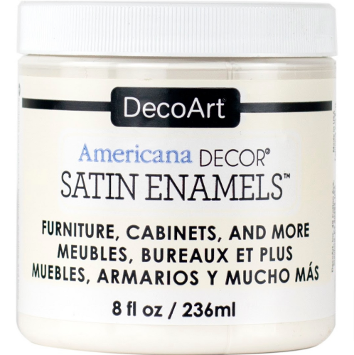Decoart Americana Decor Pure White Satin Enamel Paint in 236ml, ideal for versatile DIY projects and smooth finishes.