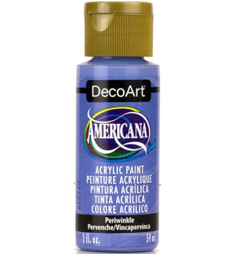 DecoArt Americana Acrylic paint in Periwinkle, 2oz, offers vibrant color, excellent coverage, and a matte finish for various surfaces.