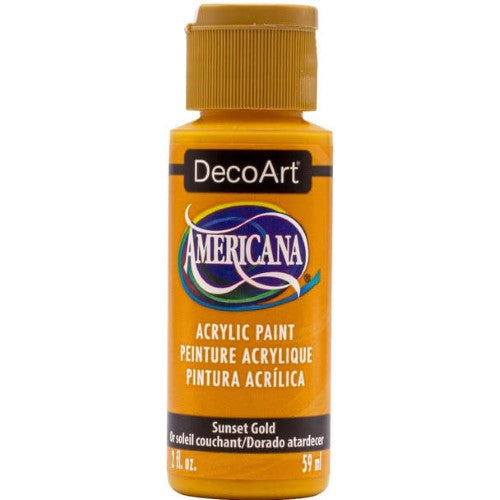 DecoArt Americana Acrylic 2oz paint in vibrant Sunset Gold, ideal for various surfaces with a rich matte finish.