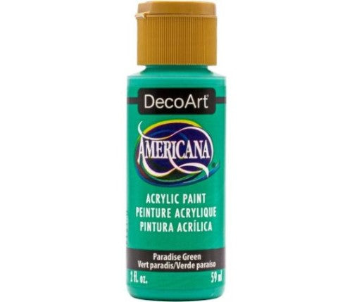 DecoArt Americana Acrylic paint in Paradise Green, 2oz, ideal for vibrant, versatile art projects on multiple surfaces.