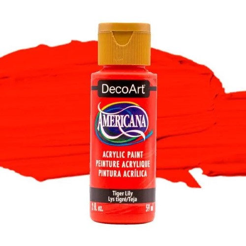 Decoart Americana 2oz acrylic paint in Tiger Lily, vibrant orange color for diverse art projects and easy application.