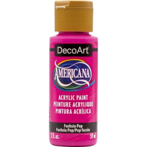 Vibrant 2oz Decoart Americana Acrylic paint in Fuchsia Pop, perfect for artistic projects and crafts.