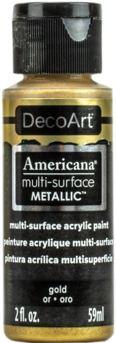 Decoart Americana Gold Metallic Paint in 2oz bottle, ideal for diverse surfaces, quick-drying, non-toxic with satin finish.