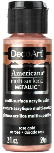 Decoart Americana Rose Gold metallic paint in 59ml bottle, perfect for various surfaces, non-toxic, high coverage, and easy application.