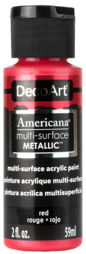 Decoart Americana RED metallic paint, 59ml, ideal for various surfaces, offers vibrant color and smooth satin finish.