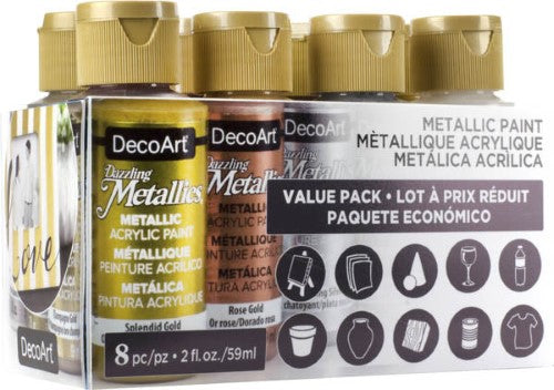 Pack of 8 Decoart Dazzling Metallics Paints in vibrant metallic colors for stunning art projects.
