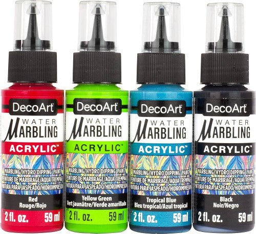 DecoArt Water Marbling Paints set of 4 in vibrant colors for creating stunning designs on various surfaces.