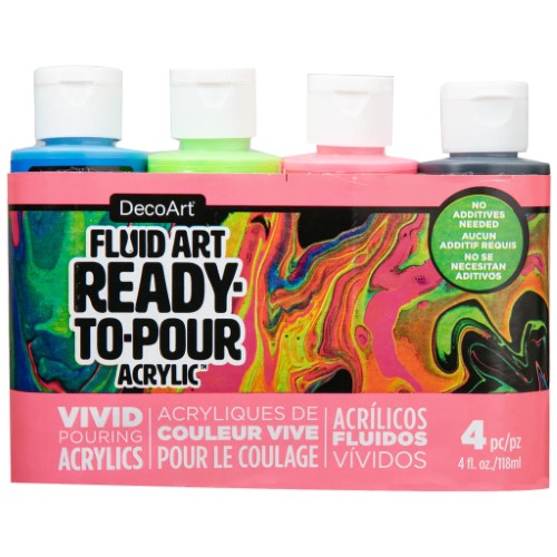 Decoart Fluidart Neon Blast Pouring Kit Set of 4 vibrant, ready-to-pour acrylic paints for creating stunning fluid art.