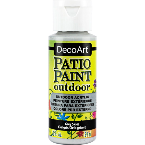 Decoart Patio Acrylic Paint 2oz in Grey Skies, perfect for weather-resistant outdoor decor and vibrant finishes.