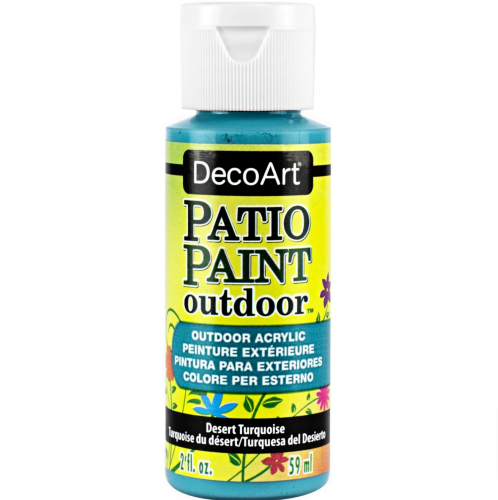 Desert Turquoise acrylic paint for outdoor use, ideal for garden pots and patio furniture with a satin finish.