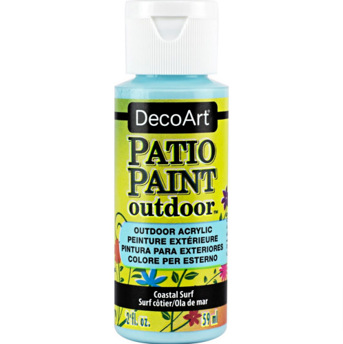 Decoart Patio Acrylic Paint in Coastal Surf, perfect for transforming outdoor decor with excellent adhesion and a satin finish.