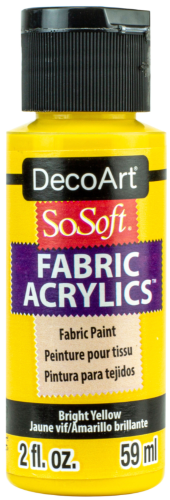 Decoart Sosoft Fabric Paint in vibrant BRIGHT YELLOW, ideal for textile art and DIY projects on various fabrics.