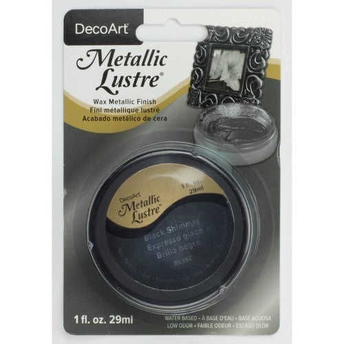 Decoart Black Shimmer Metallic Lustre Wax in 59ml, perfect for adding a reflective finish to crafts and decor.
