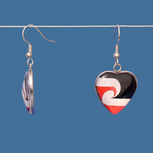 Tino Rangatiratanga flag resin heart drop earrings, celebrating M?ori culture with vibrant design and lightweight comfort.