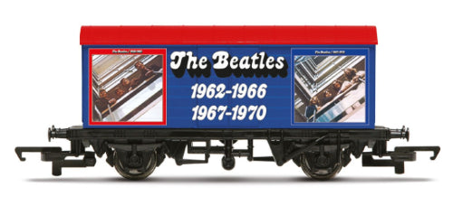 Hornby Beatles wagon representing 1962-70, featuring vibrant colors and authentic band artwork, perfect for collectors.