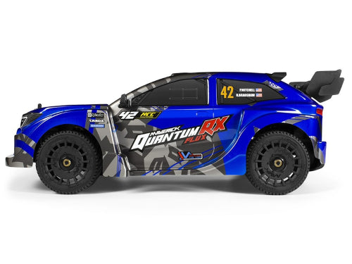 1/8 scale Kyosho Flux QuntmR Rally car in blue, designed for radio control racing adventures.