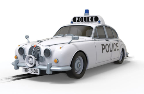 Scalextric Jaguar Mk1 Police Edition slot car with detailed police livery, designed for high-speed racing and collectible displays.
