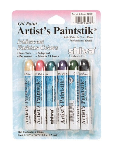 Set of 6 iridescent oil sticks in vibrant colors for versatile artistic expression and layering.