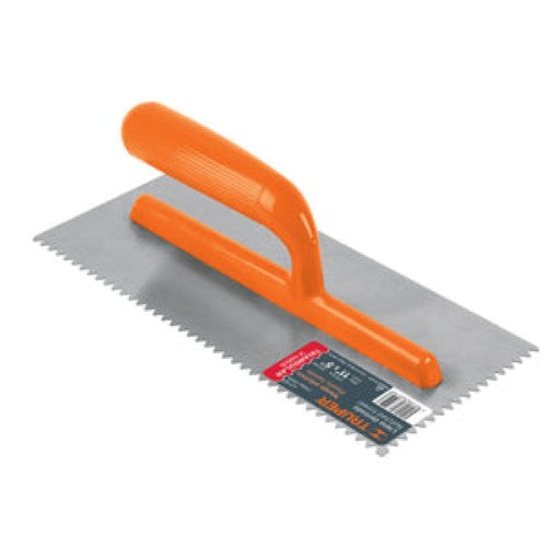 Truper Plasterers Trowel V Notched 275mm x 125mm for precise plaster application and smooth finishes on textured surfaces.