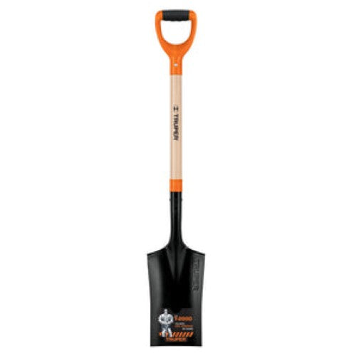 Durable garden spade with ash handle, poly D Truper design, ideal for deep digging and root cutting.