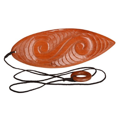 Handcrafted Double Koru P?rerehua bull roar in mahogany, featuring a blade design for resonant sound and Maori cultural significance.