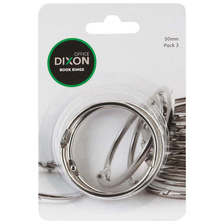 Dixon 50mm book rings in a 3-pack for organizing documents, crafts, and notes with sturdy, rust-resistant steel design.