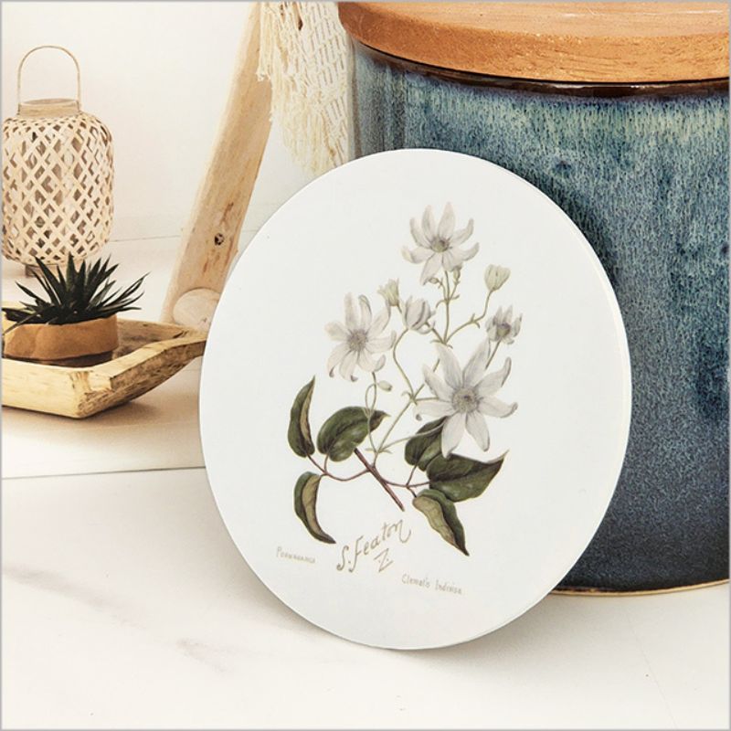 Elegant 10cm coaster featuring Sarah Featon's watercolor clematis, crafted from acrylic with a cork base.