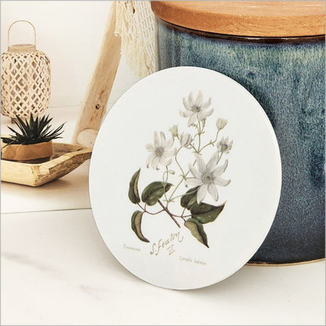 Elegant 10cm coaster featuring Sarah Featon's watercolor clematis, crafted from acrylic with a cork base.