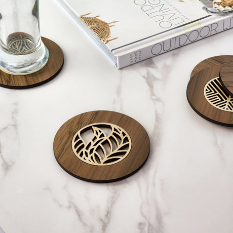 Unique 10cm River Rimu coaster with natural colors and textures, featuring a pine veneer inlay, celebrating New Zealand's heritage.