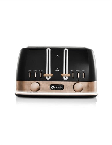 Sunbeam 4 Slice Toaster in black bronze with QuickCheck, 9 browning settings, and bright lights for perfect toasting.