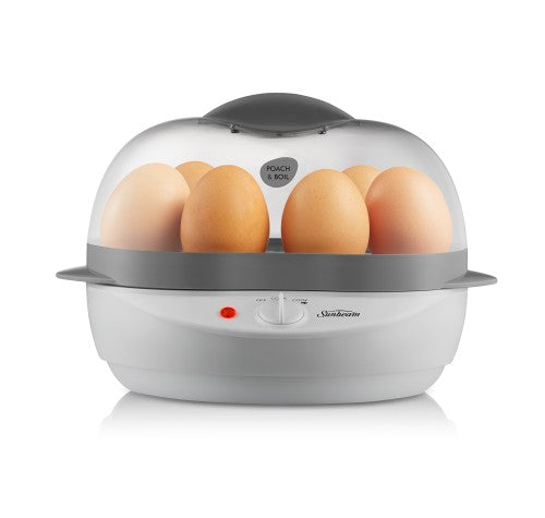 Sunbeam Egg Cooker Poach and Boil, perfect for boiling 6 eggs or poaching 2, features non-stick design and handy buzzer.