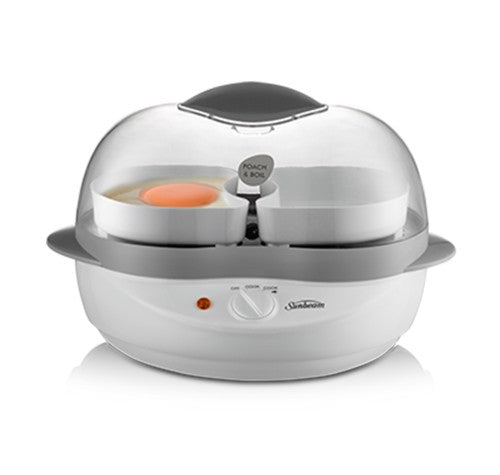 Sunbeam Egg Cooker Poach and Boil, compact appliance cooks 6 boiled eggs or 2 poached eggs with a non-stick design.