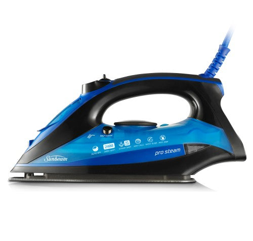 ProSteam Swift Iron by Sunbeam features 2400W power, lightweight design, EasyGlide soleplate, and safety auto-off for effortless ironing.