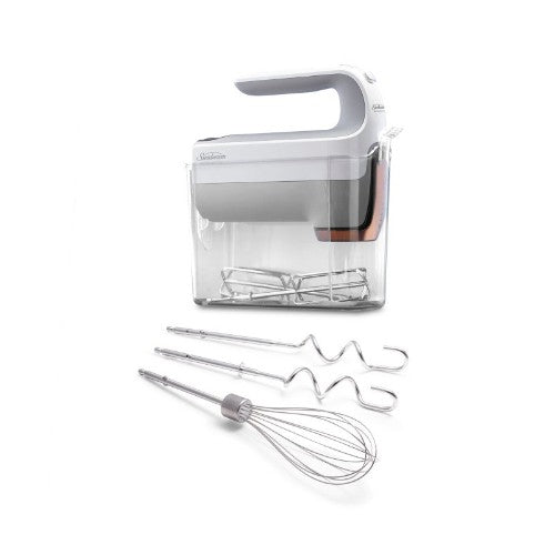 Sunbeam JM7000 Hand Mixer featuring HeatSoft Technology, stainless steel beaters, and 7 speed settings for perfect baking.