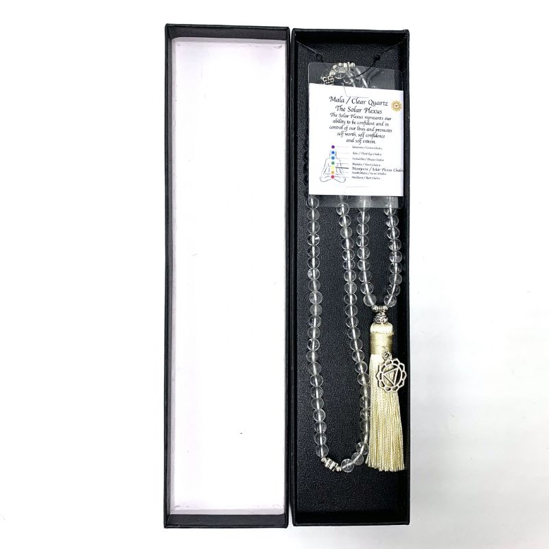 Mala Beads - Clear Quartz with Solar Plexus Chakra Charm (70cm)