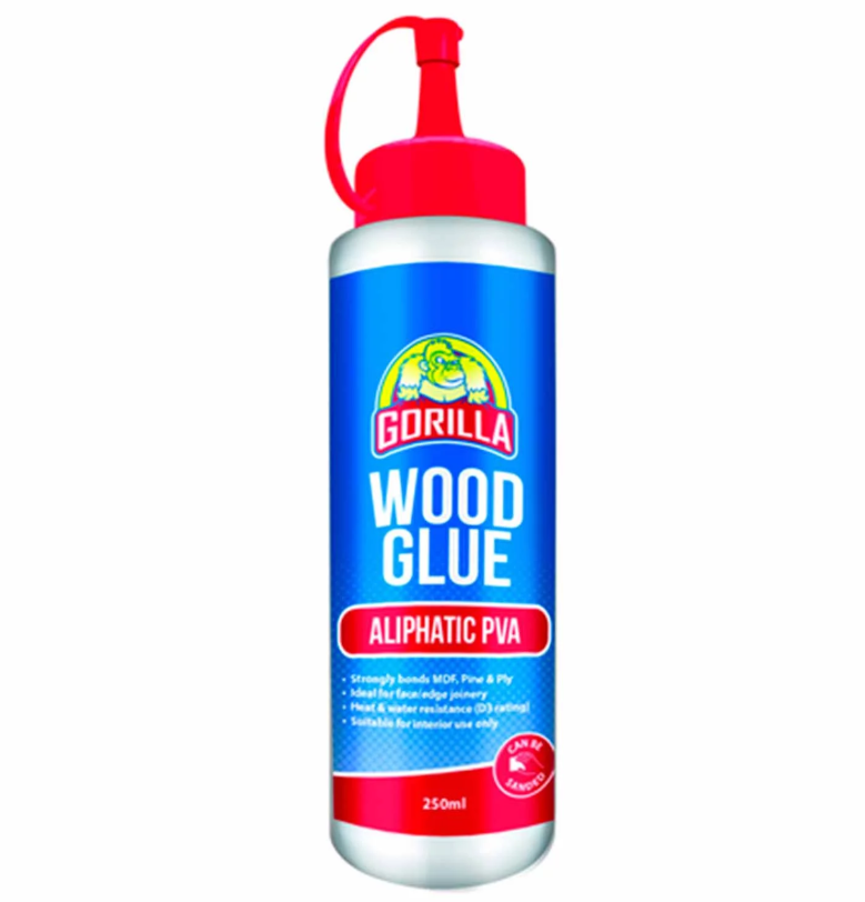 Gorilla PVA Aliphatic Liquid Glue 500gm, strong, fast-setting adhesive for woodworking and crafts, dries clear and safe for indoor use.