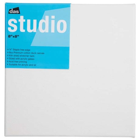 8x8 inches Das Studio artist canvas with natural cotton, durable frame, and triple-primed for versatile painting techniques.