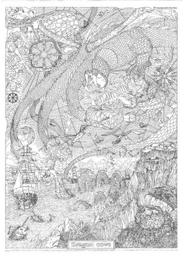 Pack of 10 Dragon Cove doodle art posters, 45 x 65 cm, designed for creative family activities and imaginative decor.