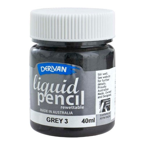 Derivan Liquid Pencil 40ml in Rewet Grey 3, versatile acrylic paint for achieving graphite effects in art.