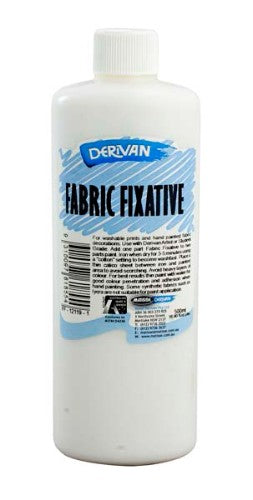Derivan 500ml Fabric Fixative bottle for vibrant, long-lasting textile art protection on various fabrics.