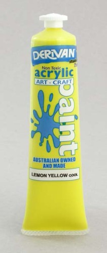 Bright lemon yellow acrylic paint in a 75ml tube, ideal for versatile artistic techniques and effortless blending.