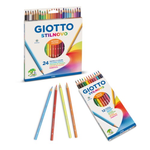 Giotto Stilnovo 12 colored pencils in a hexagonal shape for vibrant, durable artistic creations.