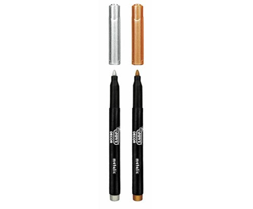 Jovi Decor Metallic Gold and Silver markers for vibrant metallic art on dark surfaces, easy to use and remove from non-porous materials.