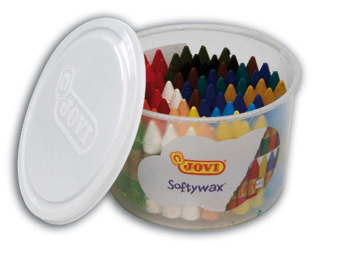 Vibrant Jovi Softy Wax Bucket 75 with 75 round crayons, designed for young artists' creativity and comfortable grip.