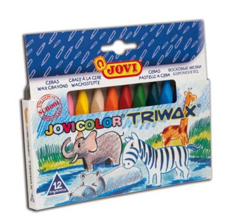 Vibrant Jovi Triwax Crayons in a 12-pack, designed for kids with a triangular shape for comfortable grip and no-roll feature.