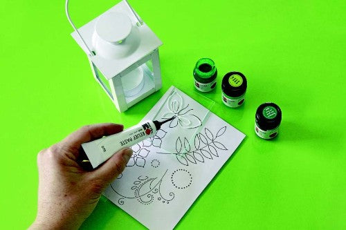 Marabu Relief Paste in crystal clear, a versatile glass paint for vibrant designs and durable art on glass and porcelain.