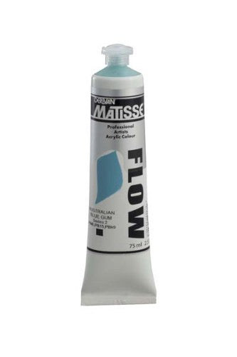 75ml bottle of Matisse Flow Acrylic Paint in Aust Blue Gum S2, ideal for smooth brushstrokes and vibrant color mixing.