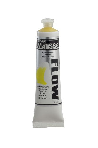 Matisse Flow Acrylic Paint in Aureolin Yellow S7, 75ml tube for vibrant, smooth application in art projects.