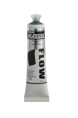 Matisse Flow 75ml acrylic paint in Hookers Green S2, ideal for fluid brushstrokes and vibrant artwork on various surfaces.
