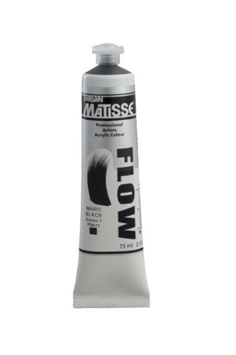 Matisse Flow 75ml Mars Black acrylic paint, ideal for smooth brushstrokes and airbrushing with rich pigmentation.